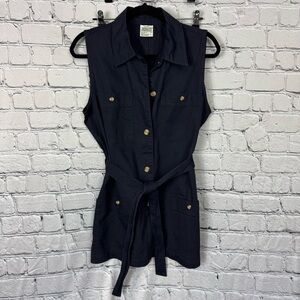 Jordache Vintage Belted Button Sleeveless Tunic Length Vest Navy Blue Size Large